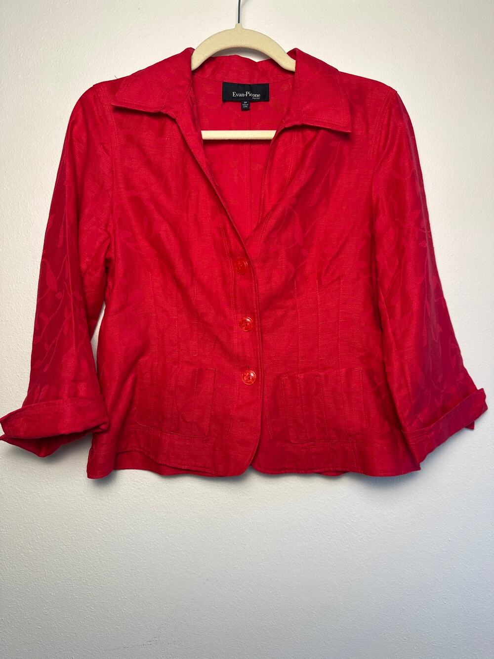 Evan-Picone Petite Red Magenta Linen Blend Floral Jacquard Blazer Jacket Sz 8P
